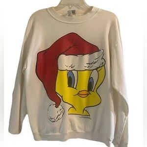Vintage Looney Tunes Sweatshirt Med Tweety Bird Warner Brothers Santa Hat 1996
